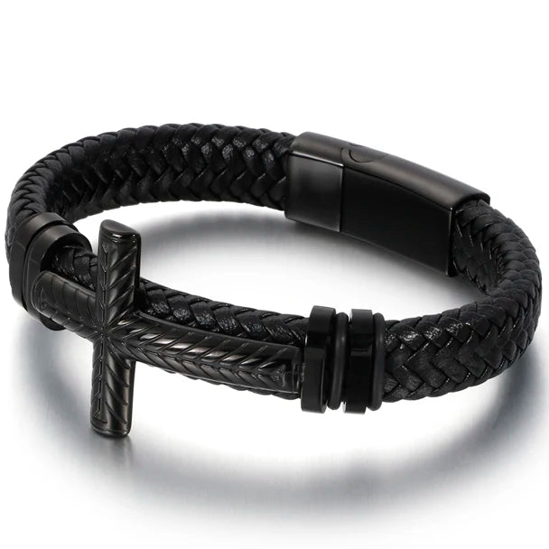 Braided Leather Wrap Bracelet For Man Gold Color Stainless Steel Christian Cross Bracelets & Bangles Men's Religious