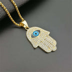 Turkish Evil Eye Hamsa Hand of Fatima Pendant Necklace Gold Color Stainless Steel Iced Out Chain Hip Hop Women/Men