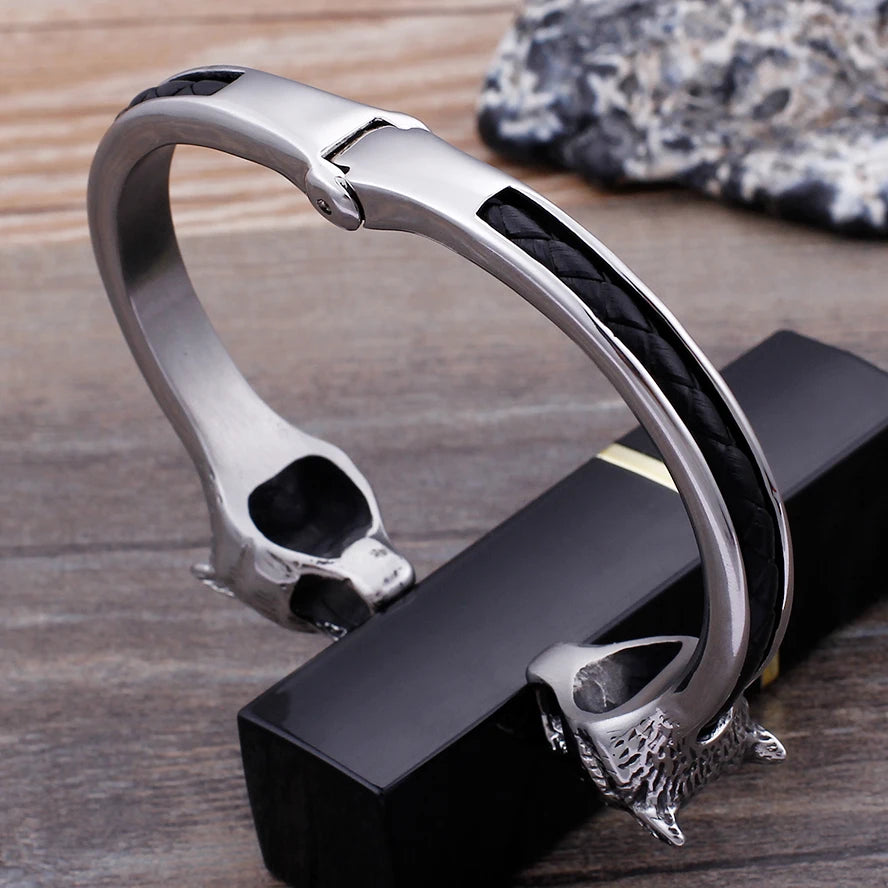 Wolf Skull Head Open Bangles for Men Stainless Steel Mens Bracelets Jewellery Friendship Leather Cuff Bracelets For Man