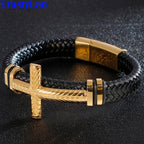 Braided Leather Wrap Bracelet For Man Gold Color Stainless Steel Christian Cross Bracelets & Bangles Men's Religious