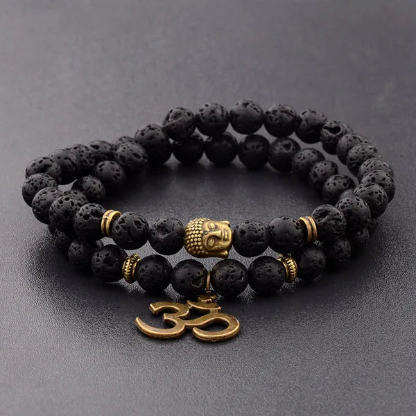 Buddha Head Beaded Bracelet — Black Stone Beads, Bronze-Tone