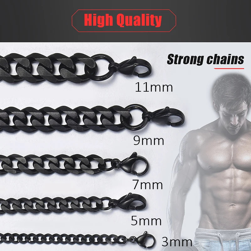 Men's Necklace Stainless Steel Cuban Link Chain Black Gold Color Necklaces For Men 18-36" Hip Hop Jewelry KNM09
