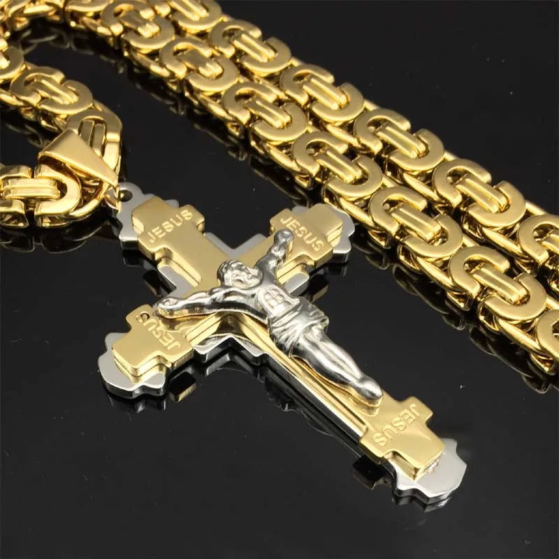 Crucifix Jesus Cross Necklace Byzantine Chain — Stainless Steel