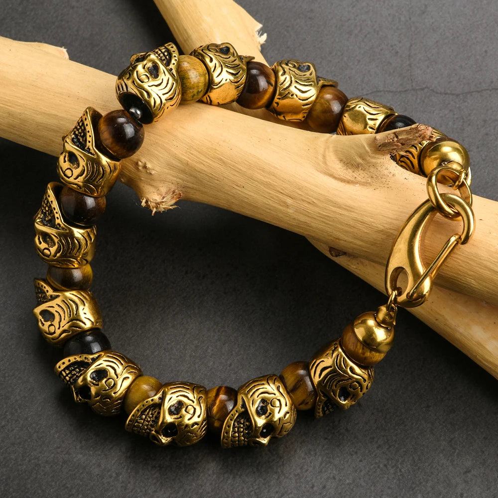 Gothic Stainless Steel Ghost Skull Heads Beads Bracelet for Men 8MM Natural Stone Men‘s Beaded Bracelets Rock Skeleton