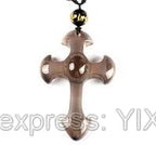 Drop Shipping Natural Black Obsidian Carved Cross Lucky Pendant + Beads Necklace for Woman Man Crystal Jade Charm Gift Jewelry