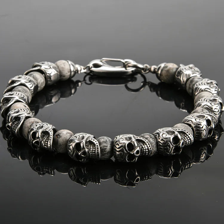 Gothic Stainless Steel Ghost Skull Heads Beads Bracelet for Men 8MM Natural Stone Men‘s Beaded Bracelets Rock Skeleton