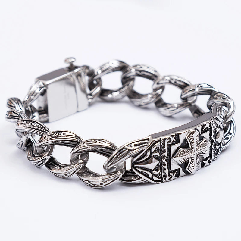 17MM Wide On Hand Cuban Link Chain Bracelet for Man Retro Stainless Steel Men's Cross Bracelets Cool Male Jewelry
