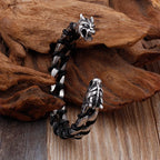 Punk Rock Skull Wolf Dragon Head Shaped Open Bangle For Men Stainless Steel & Genuine Leather Cuff Bracelets Bikers'