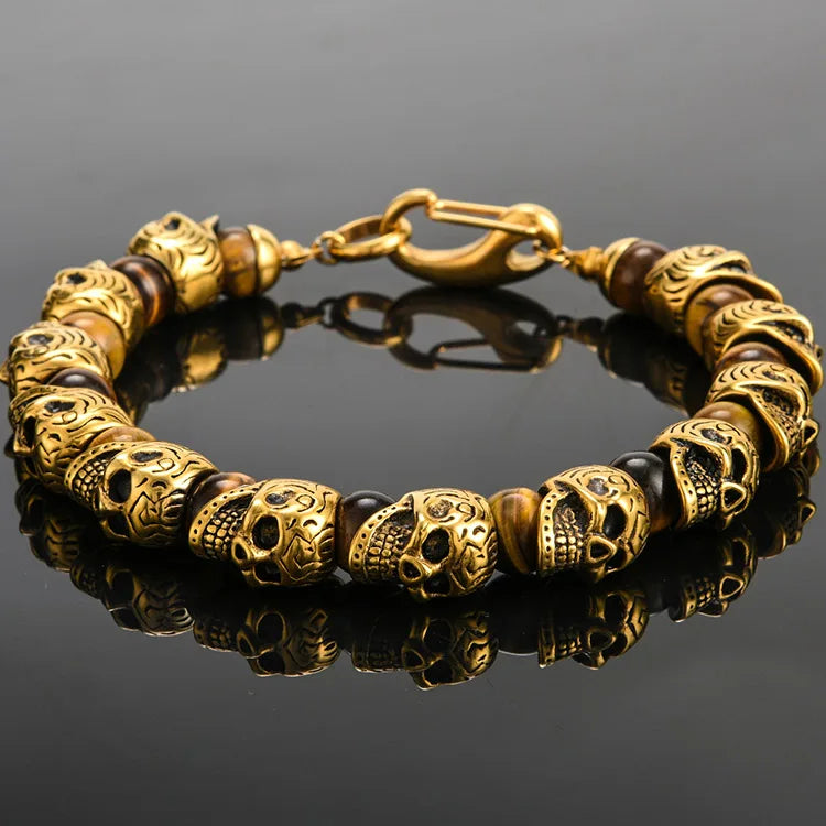Gothic Stainless Steel Ghost Skull Heads Beads Bracelet for Men 8MM Natural Stone Men‘s Beaded Bracelets Rock Skeleton