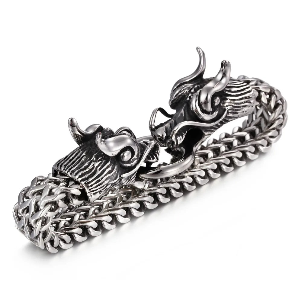 Stainless Steel Double Dragon Heads Bracelet for Man Gothic 20MM Chain Jewelry Accessory Bikers' Men’s Bangle On Hand