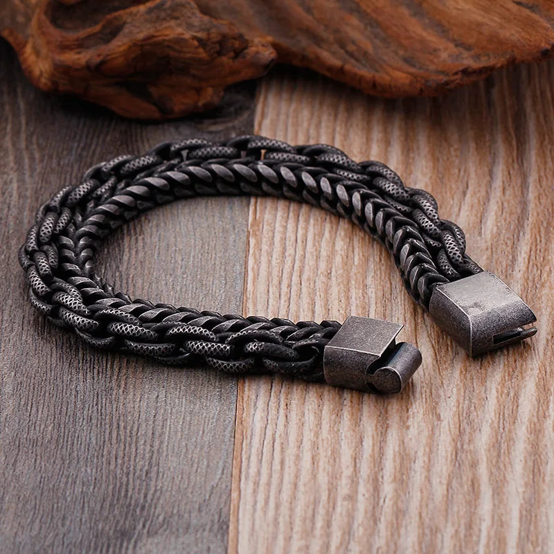 Double Chain Link Stainless Steel Men's Bracelets For Man Vintage Male Bangles Jewelry With Magnet Clasp 10 Inches