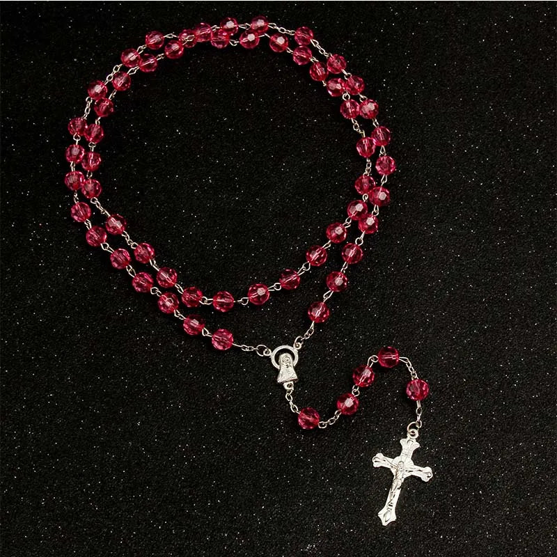 8mm fashion rosary ladies necklace high quality diy Jesus Christian cross necklace and pendant long chain jewelry