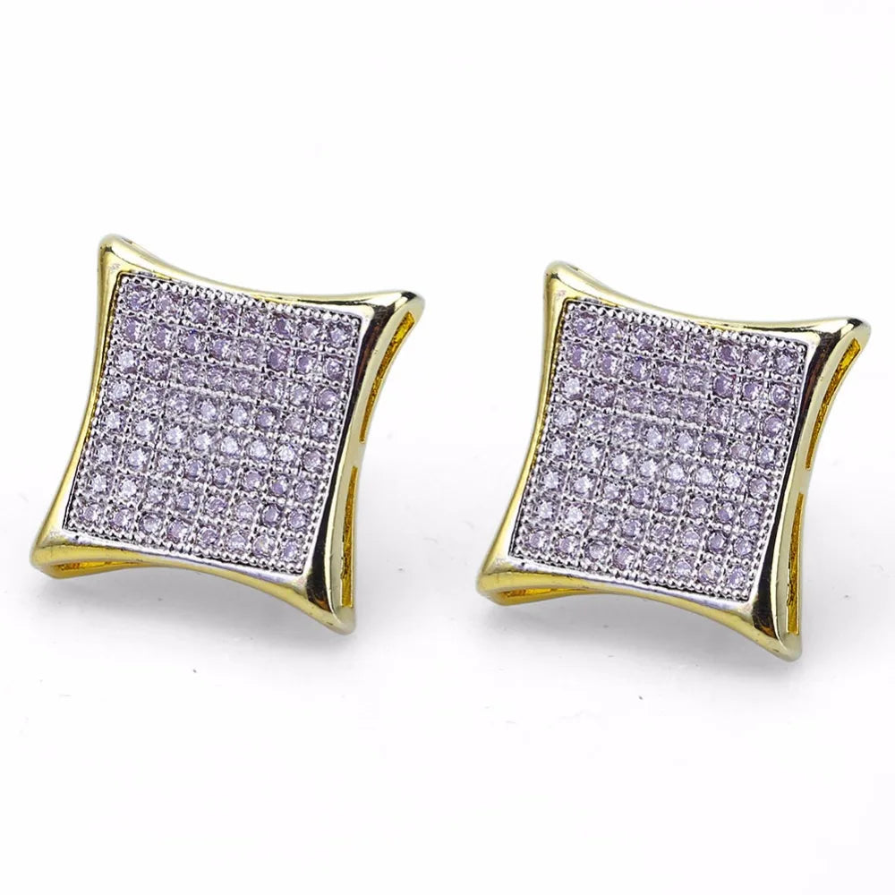 Men's Hip Hop Stud Earring Gold Color Copper Material Micro Pave Rhinestone Bling Ice Out Square Earring Men Rock