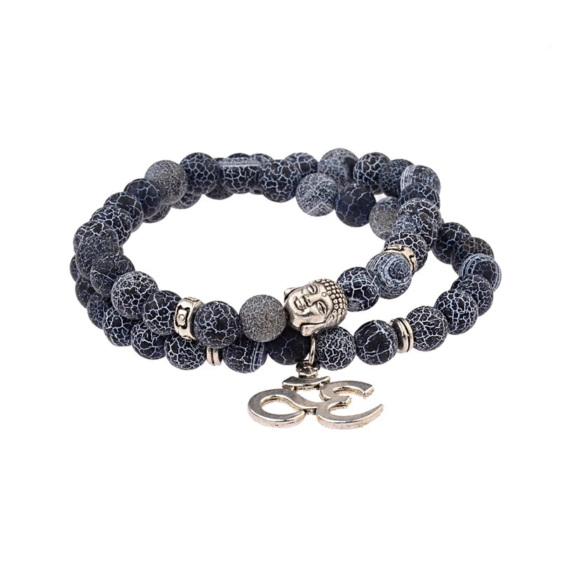 Buddha Head Beaded Bracelet — Black Stone Beads, Bronze-Tone