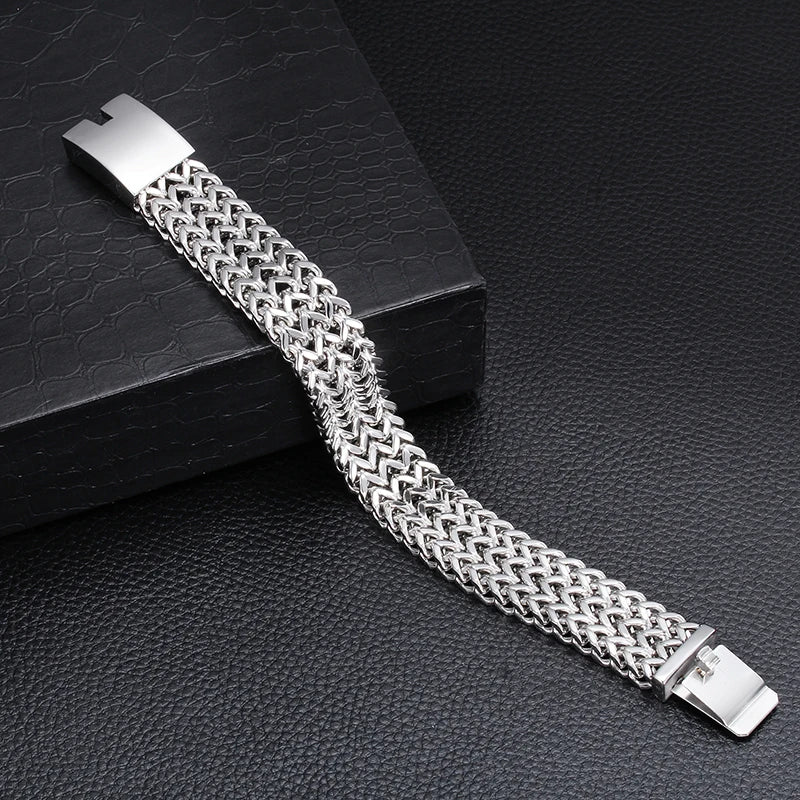 Gold Color Stainless Steel Bracelet Men 18MM Double Row Franco Curb Chain Men's Bracelets & Bangles Mannen Armband