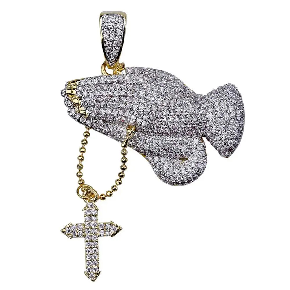 Iced Out Praying Hands Cross Pendant — Gold