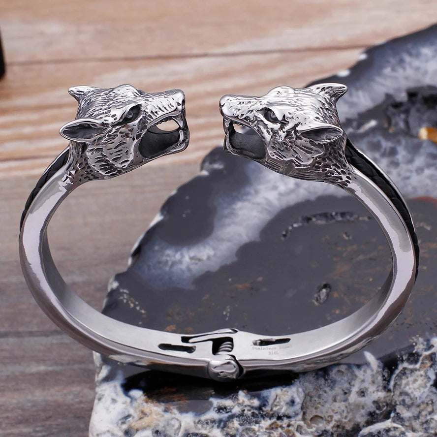 Wolf Skull Head Open Bangles for Men Stainless Steel Mens Bracelets Jewellery Friendship Leather Cuff Bracelets For Man