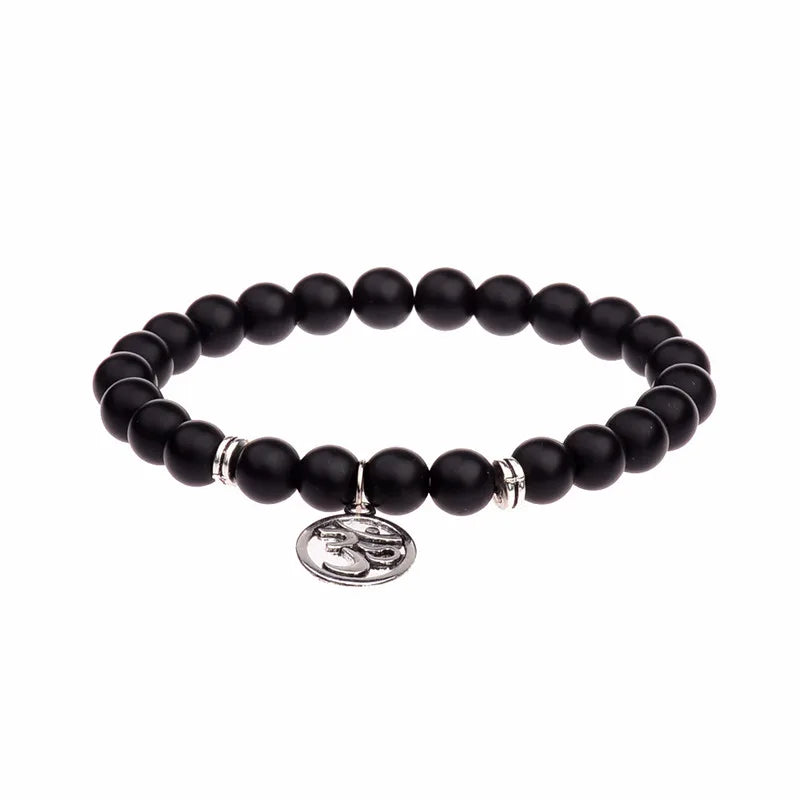 Buddha Head Beaded Bracelet — Black Stone Beads, Bronze-Tone
