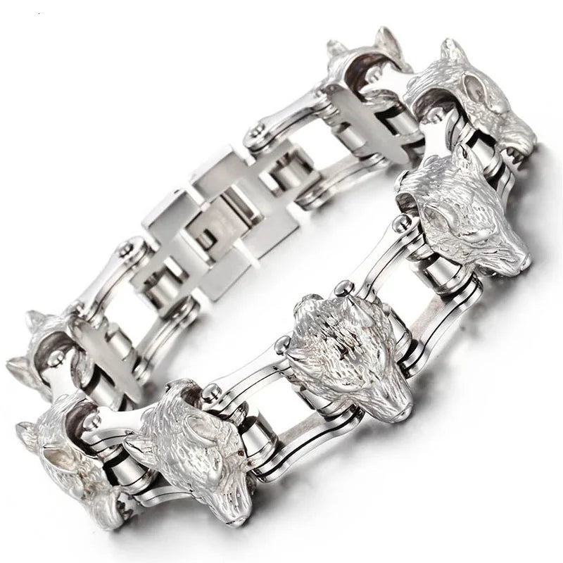 Wolf Head Bicycle Chain Link Bracelet for Men — Stainless Steel