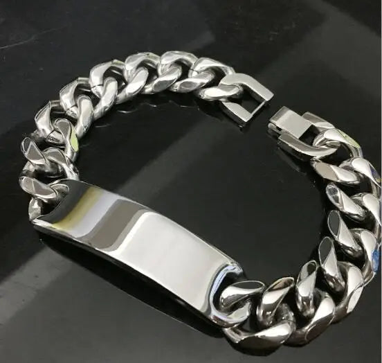 Heavy Curb Chain ID Bracelet 15mm Wide Smooth — Stainless Steel