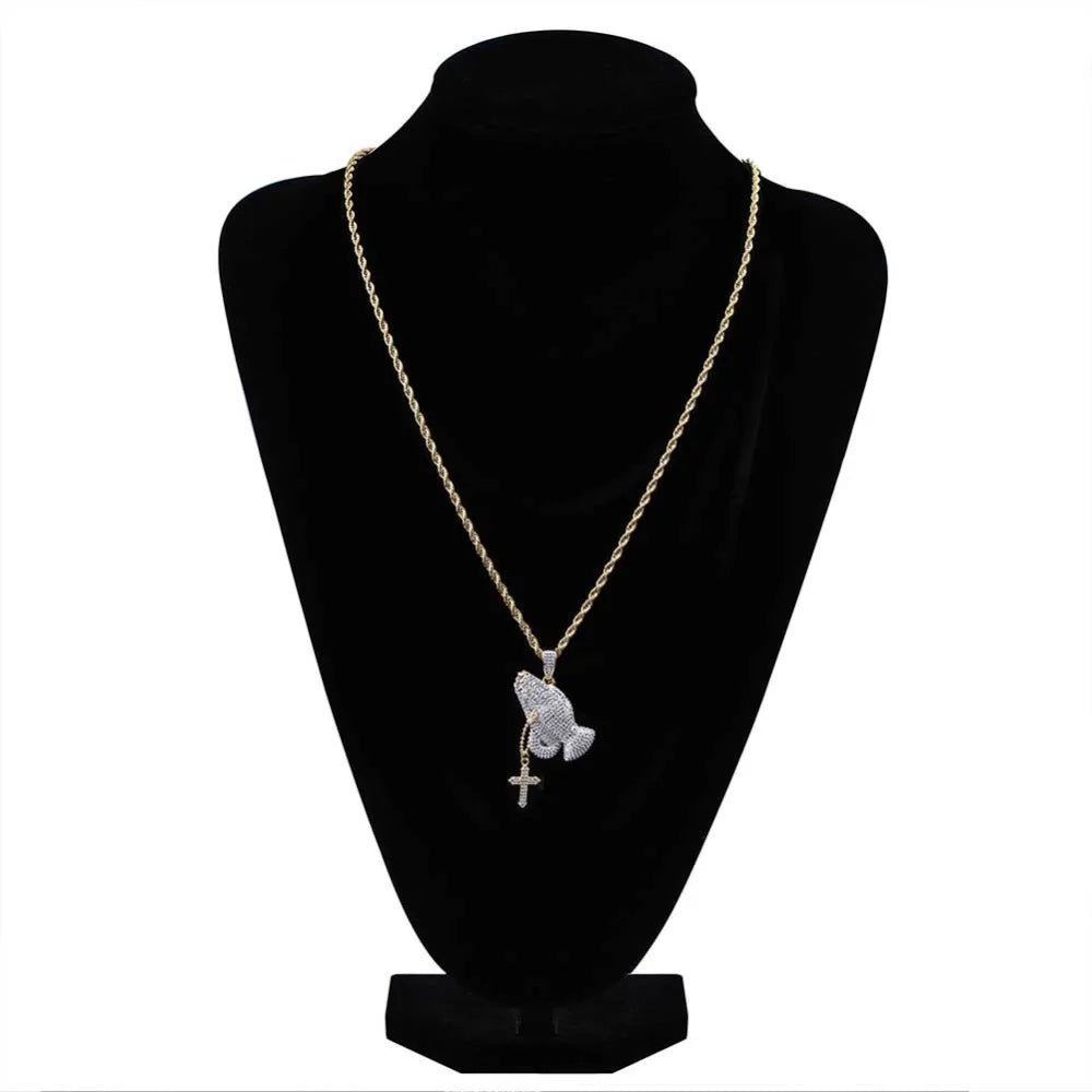 Iced Out Praying Hands Cross Pendant — Gold