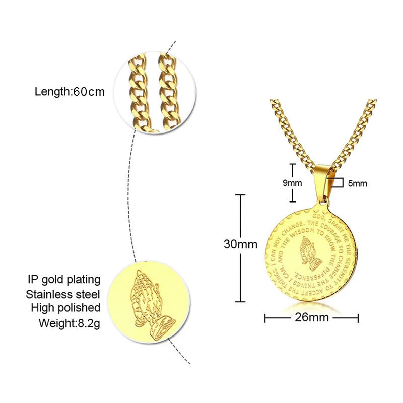 Men Stainless Steel Disc Pendant Praying Hands Bible Verse Prayer Medal Necklace Jewelry