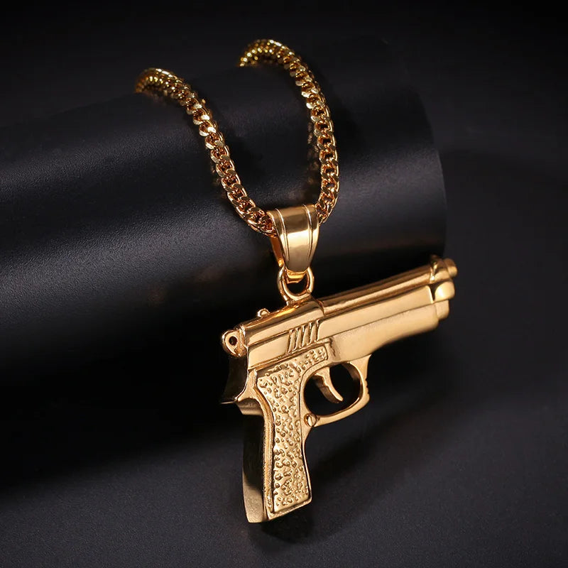 Iced Out Desert Eagle Pistol Pendant Necklace — Stainless Steel