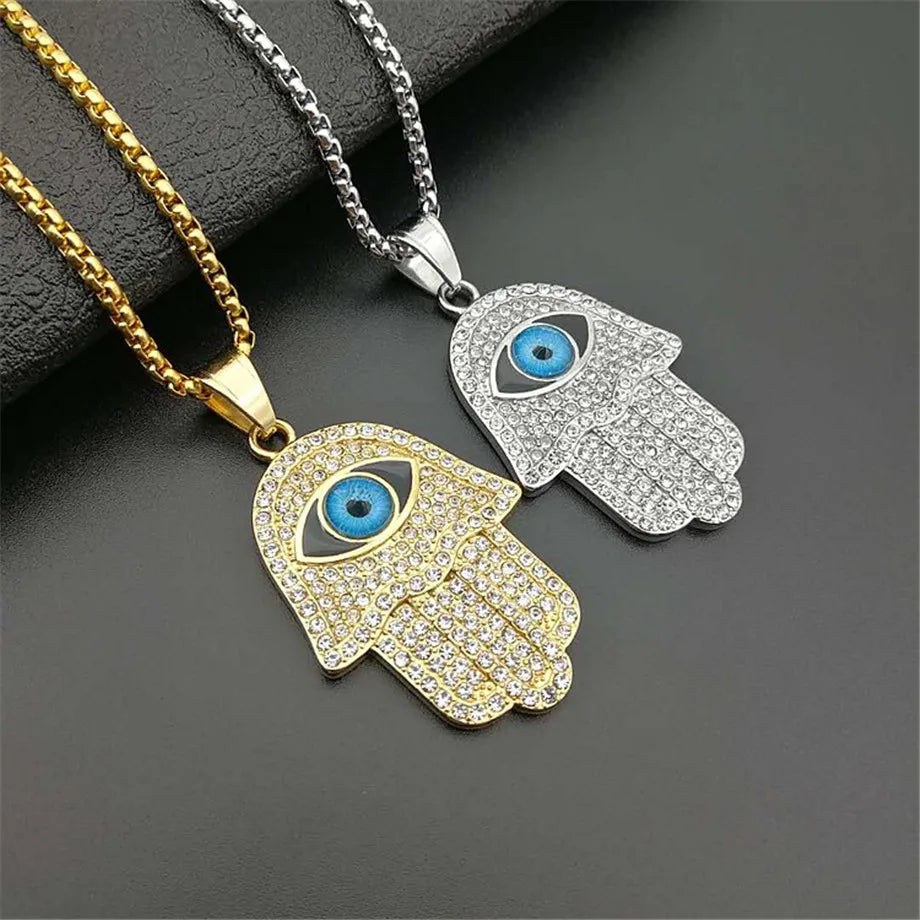 Turkish Evil Eye Hamsa Hand of Fatima Pendant Necklace Gold Color Stainless Steel Iced Out Chain Hip Hop Women/Men