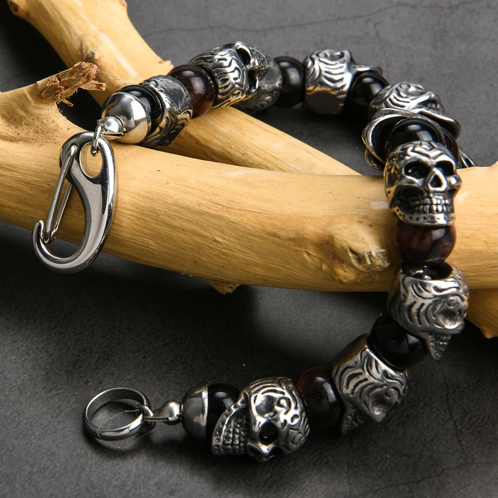 Gothic Stainless Steel Ghost Skull Heads Beads Bracelet for Men 8MM Natural Stone Men‘s Beaded Bracelets Rock Skeleton