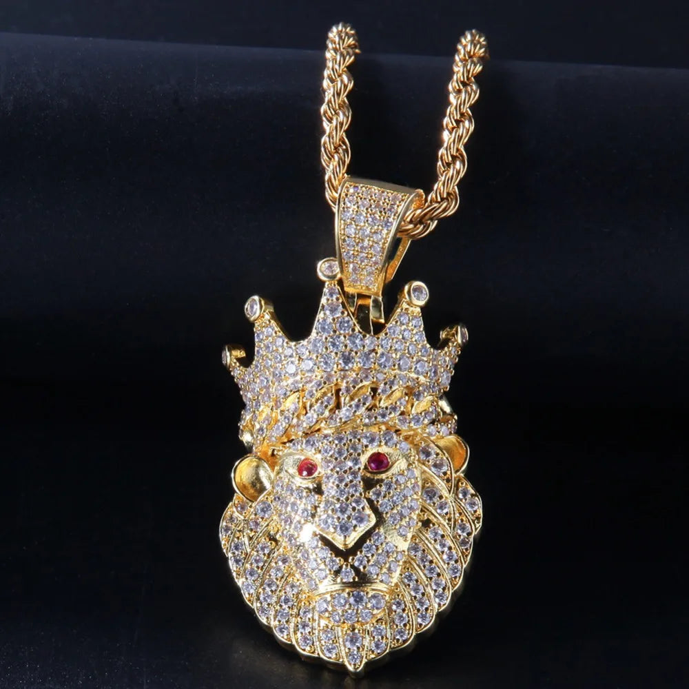 Hip Hop CZ Zircon Paved Bling Iced Out Crown Lion Animal Pendants Necklace for Men Rapper Jewelry Gold Color Drop