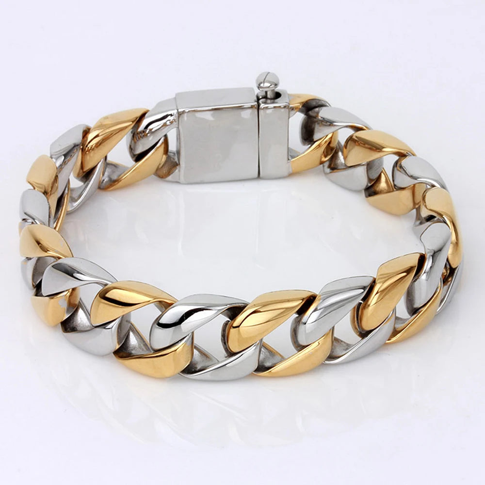 16MM Wide Gold Color Stainless Steel Curb Chain Man Bracelet Male Skull Head Bikers Jewelry Friendship Men's Bracelets
