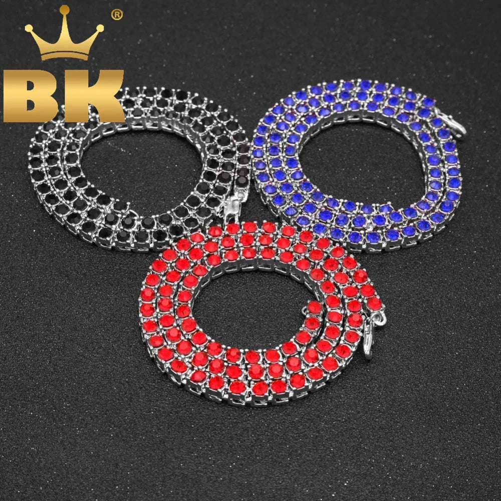THE BLING KING  1 Row Tennis Chains Necklace For Men Iced Blue/Red/Black Colored Rhinestones Link Choker Hiphop Jewelry