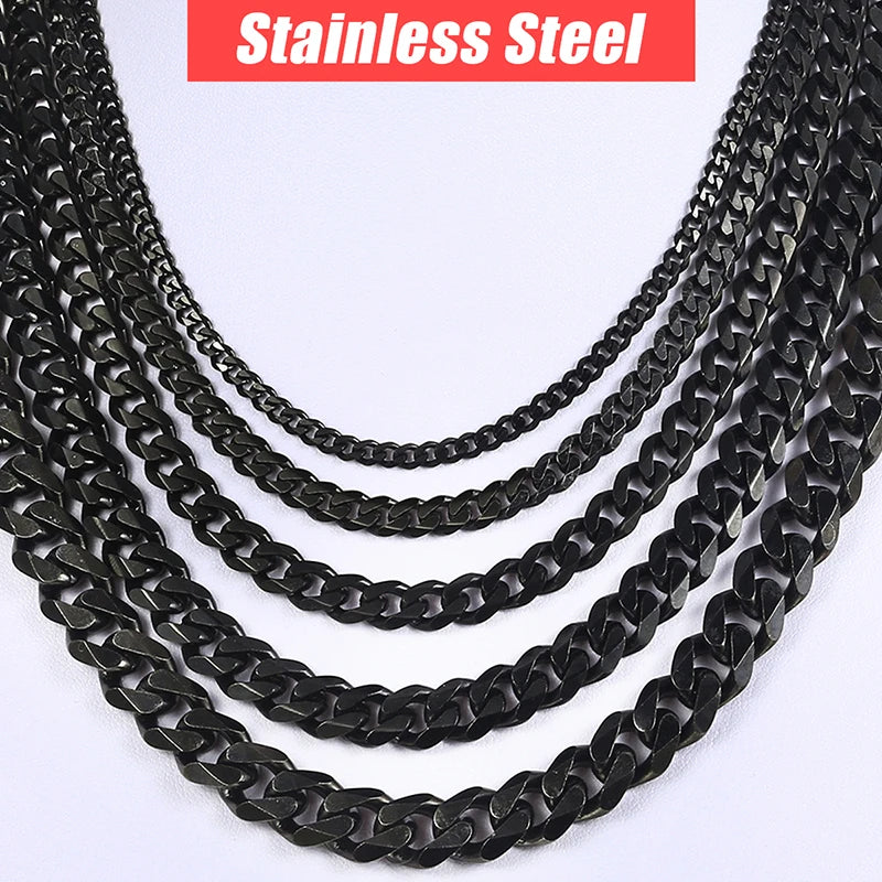 Men's Necklace Stainless Steel Cuban Link Chain Black Gold Color Necklaces For Men 18-36" Hip Hop Jewelry KNM09