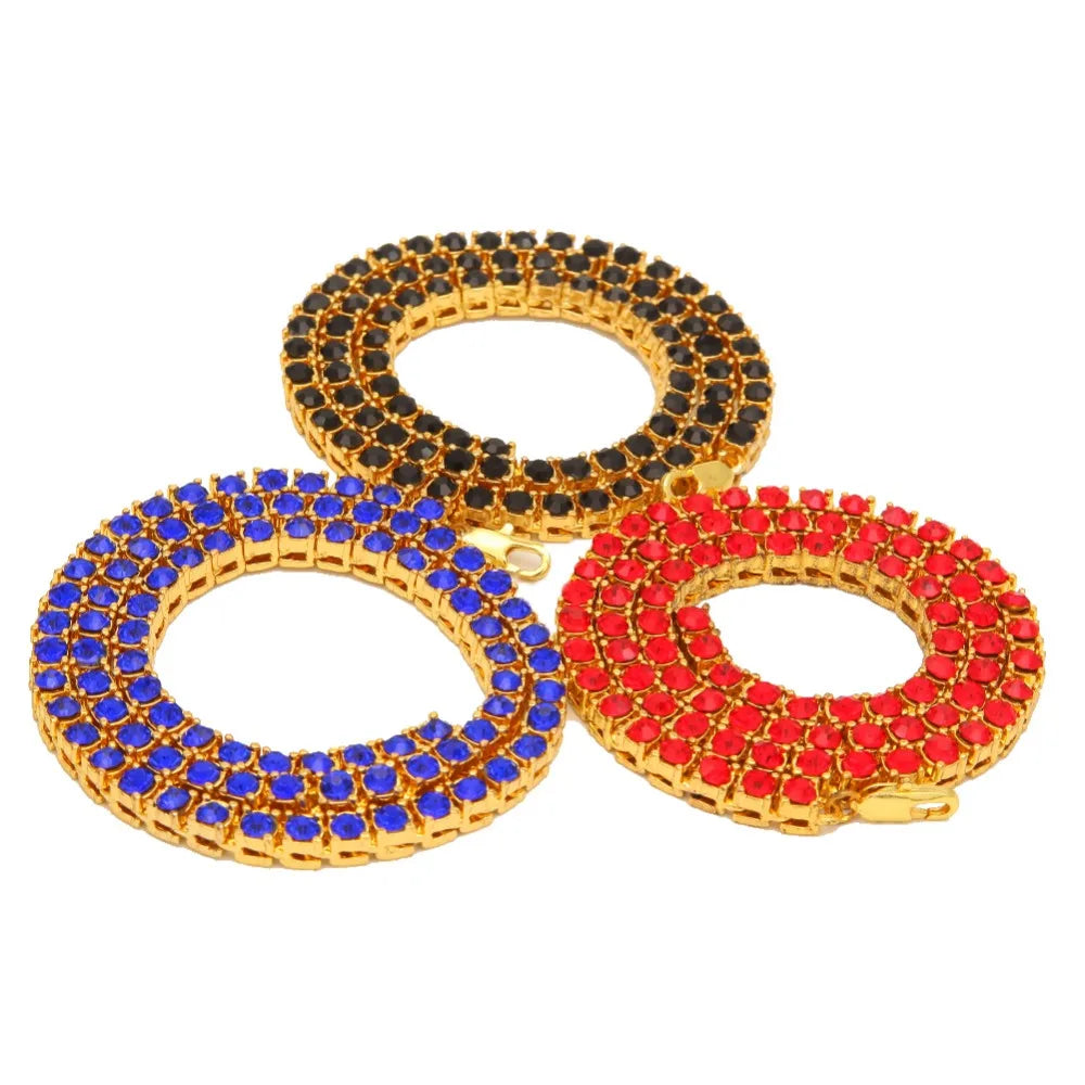 THE BLING KING  1 Row Tennis Chains Necklace For Men Iced Blue/Red/Black Colored Rhinestones Link Choker Hiphop Jewelry