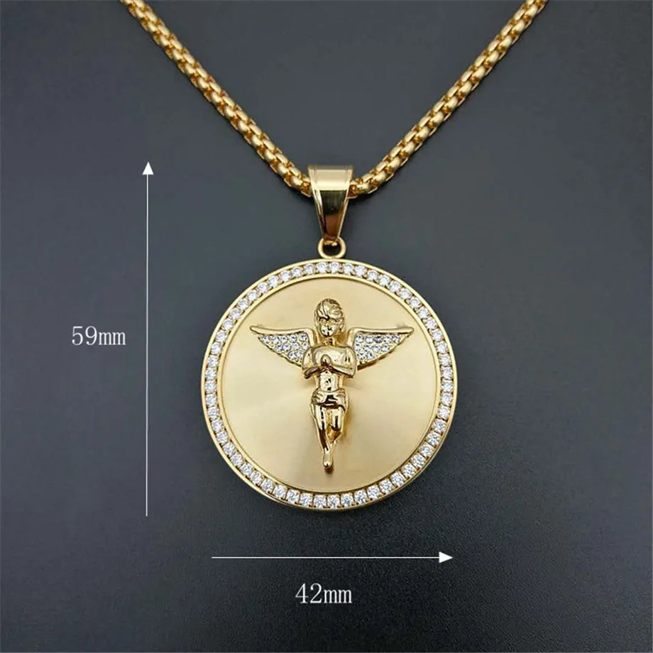 Hip Hop Iced Out Angel Wings Pendant Necklace For Women Men Gold Color Stainless Steel Round Necklace Bling Jewelry
