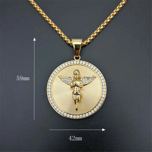 Hip Hop Iced Out Angel Wings Pendant Necklace For Women Men Gold Color Stainless Steel Round Necklace Bling Jewelry