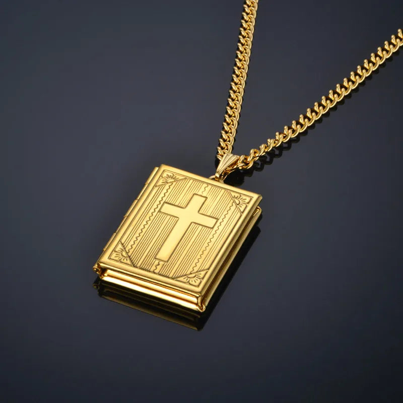 Jesus Cross Necklace Jewelry For Men Women Gold-Color Steel Chain Male Photo Locket Style Jesus Crucifix Pendant