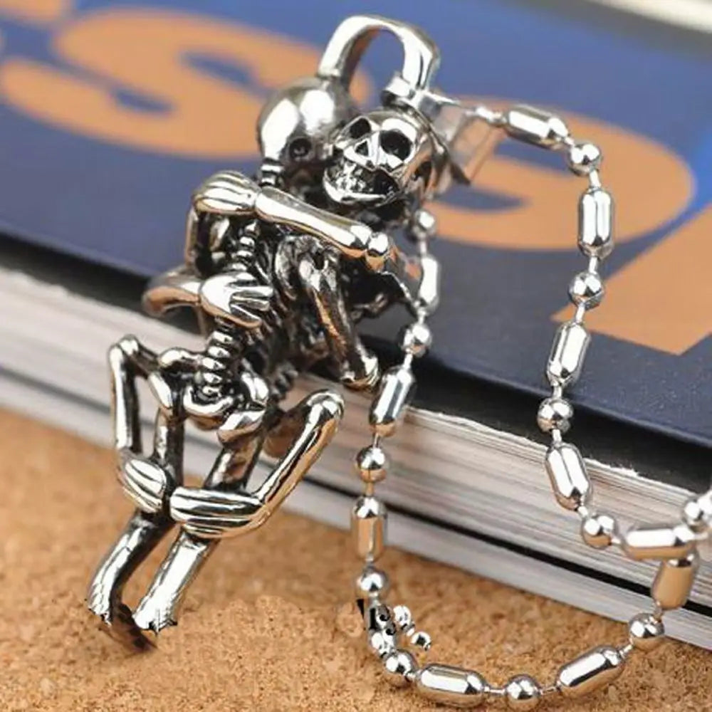 Double Skull Cross Pendant Necklace Black — Stainless Steel