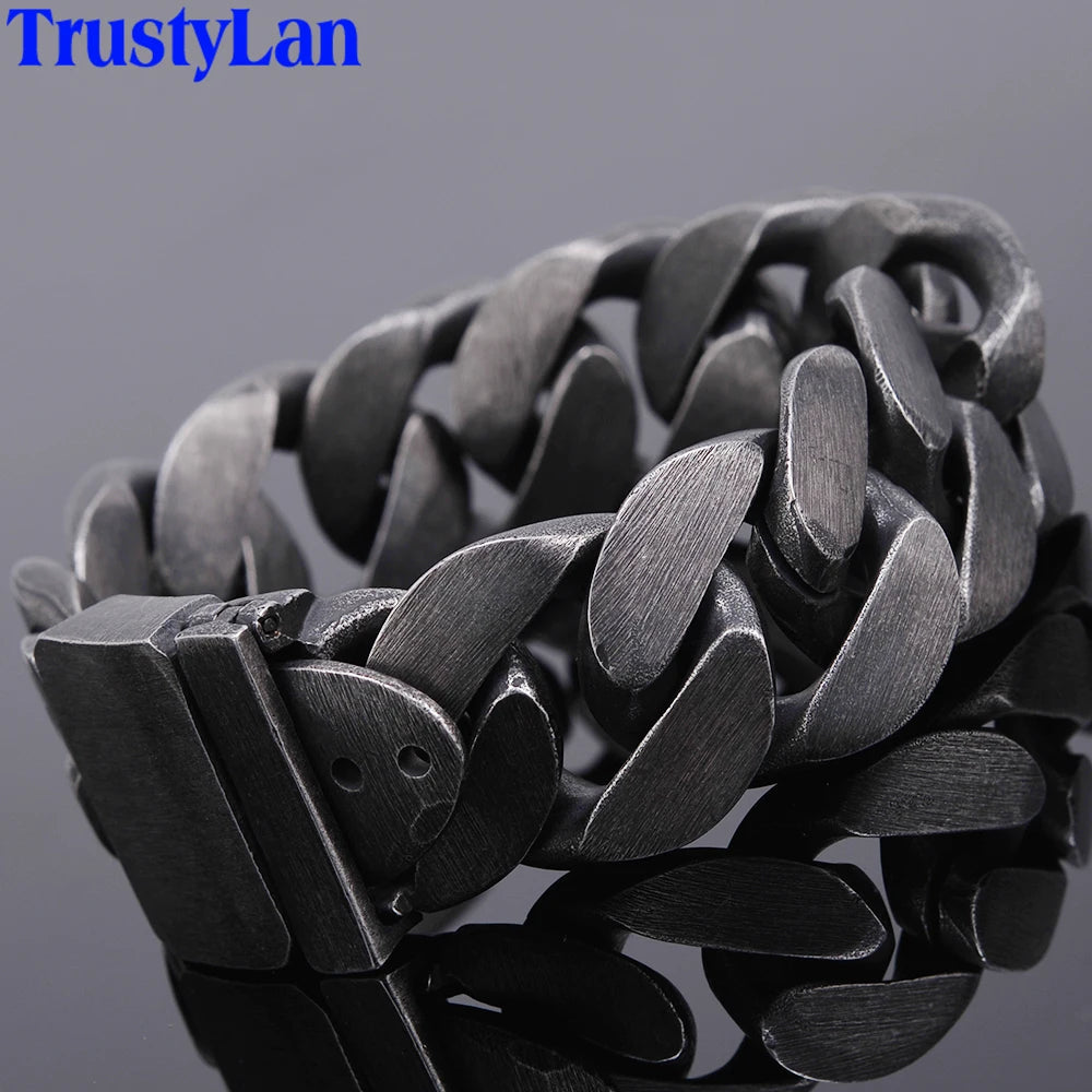 Cool 24MM Wide Cuban Chain Link Men's Bracelets Heavy Black Stainless Steel Man Bracelet for Men With Belt Buckle Metal