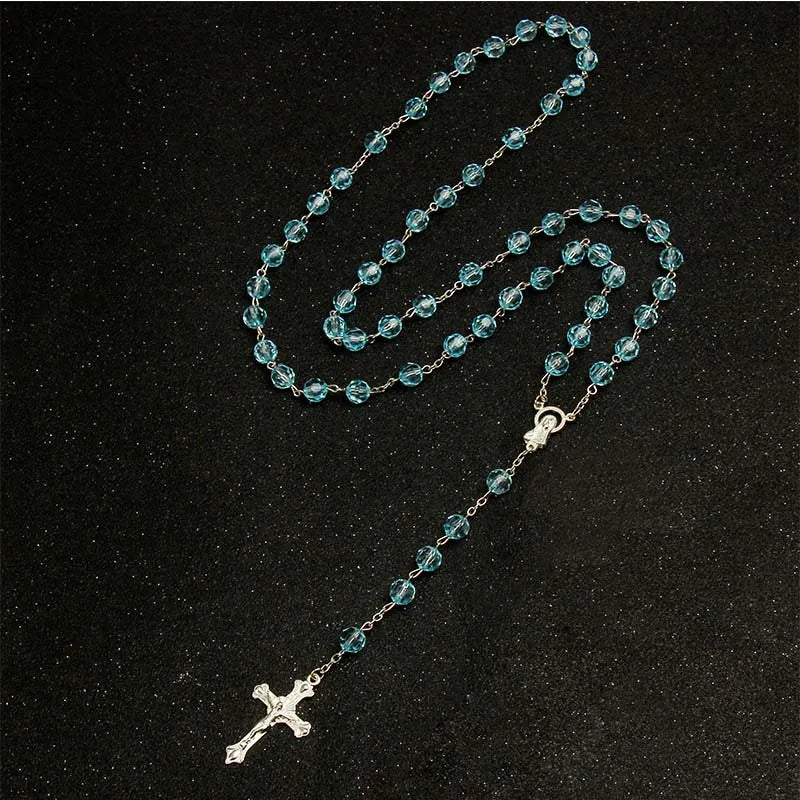 8mm fashion rosary ladies necklace high quality diy Jesus Christian cross necklace and pendant long chain jewelry