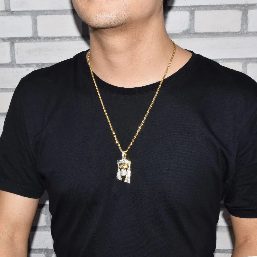 Bubble Letter Iced Religious Jesus Head Pendant Necklace Gold Color Bling Cubic Zircon Men's Hip Hop Jewelry For Gift