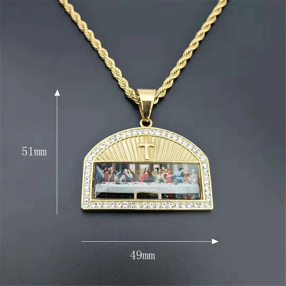 Religious The Last Supper Pendant Necklace For Men Stainless Steel Gold Color Iced Out Bling Cross Necklace Male Jewelry