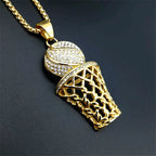Hip Hop Stainless Steel Iced Out Pave Cubic Zirconia Basketball Basket Pendant With Chains Gold Color Hip Hop Necklace