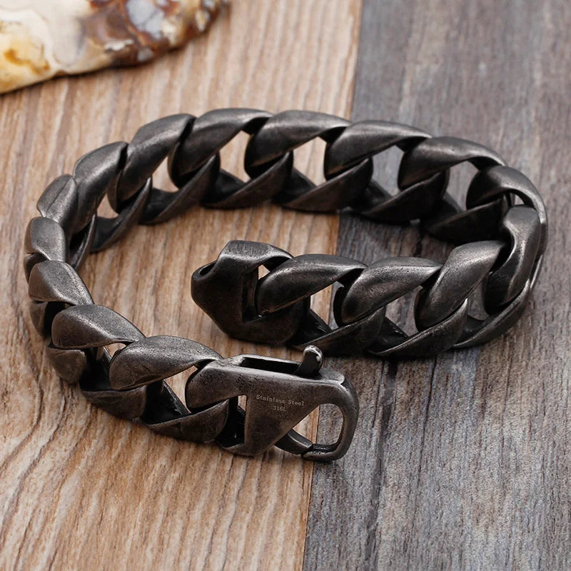 Vintage Black Stainless Steel Bracelet for Man Men's 15MM Wide Curb Link Chain Bracelets Bangles Armband Jewelry