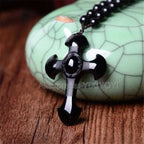 Drop Shipping Natural Black Obsidian Carved Cross Lucky Pendant + Beads Necklace for Woman Man Crystal Jade Charm Gift Jewelry