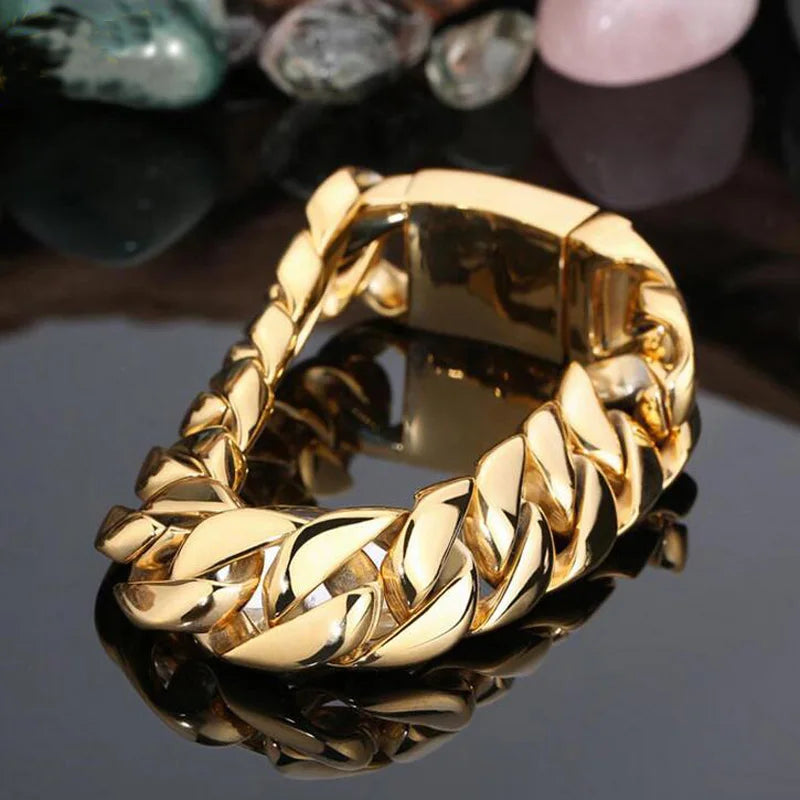Gold Color Bracelet Men Luxury On Hand Male Jewelry 17MM Wide Stainless Steel Cuban Chain Men's Bracelets Best Friends