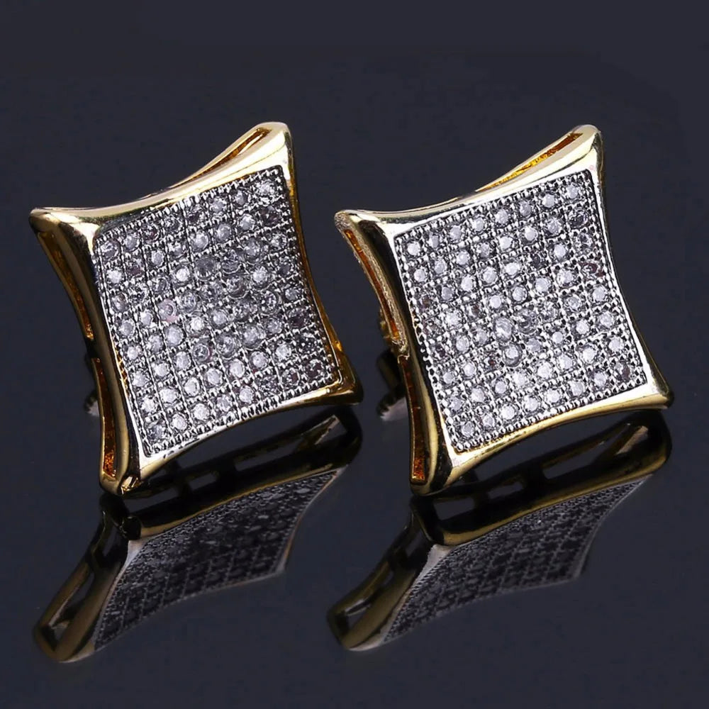Men's Hip Hop Stud Earring Gold Color Copper Material Micro Pave Rhinestone Bling Ice Out Square Earring Men Rock