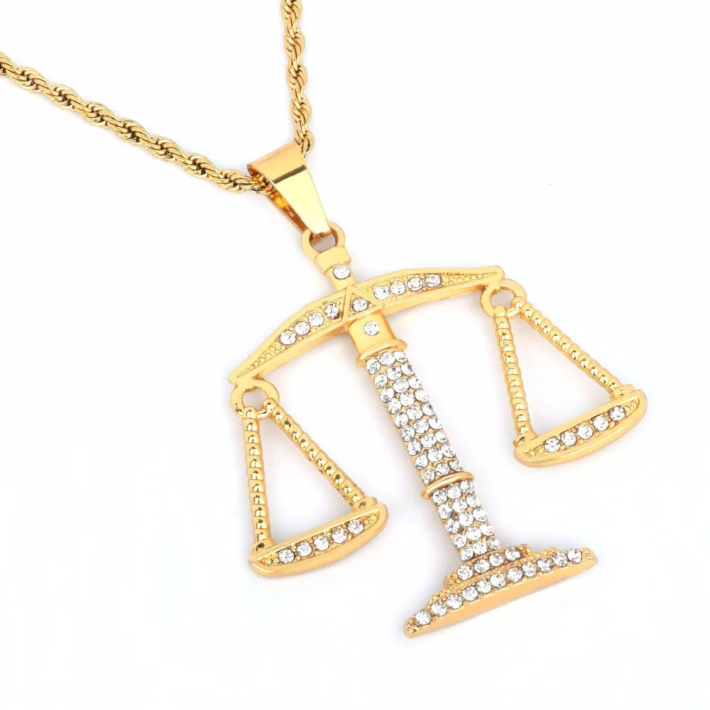 Balance Libra Scale Pendant Bling Rhinestone Crystal Men Hip Hop Necklace Punk Jewelry Street Rock