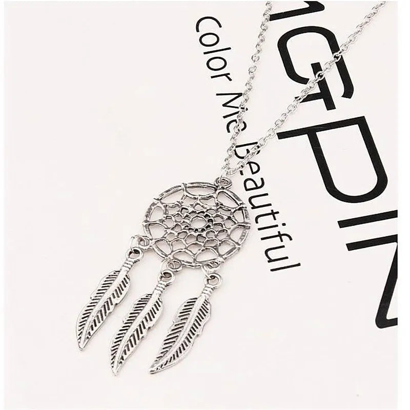 Hollow Dreamcatcher Pendant Necklace for Women Fashion Leaf Feather Necklaces Vintage Ethnic Fashion Party Jewelry Gift Bijoux