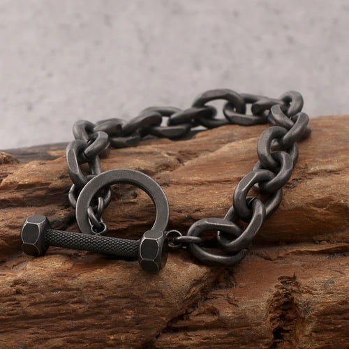 Vintage Men's Black Stainless Steel Link Chain Bracelets For Man 7.5" Barbell Shape Friendship Boys Bracelets & Bangles